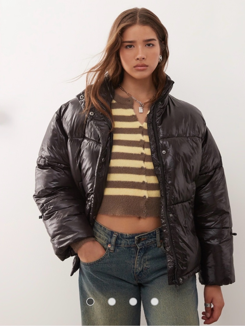 Noisy May Women’s Black Glossy Shiny Puffer Jacket Short Size Medium NWOT Y2K